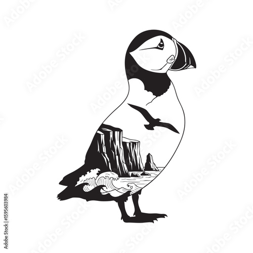 North Atlantic puffin with a scenic double exposure coastline