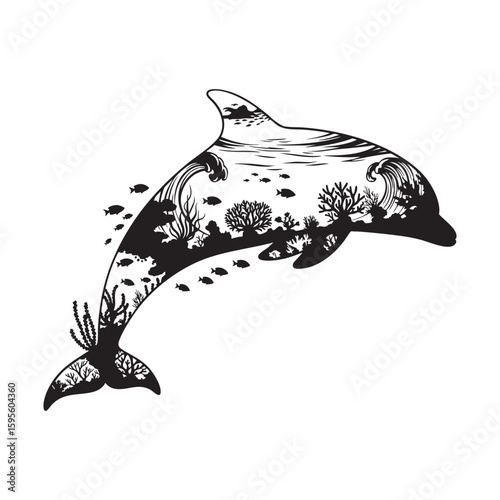 Marine mammal dolphin jumping with an ocean life vector scene