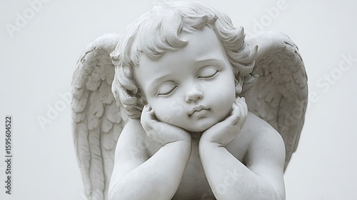 A serene cherubic statue, resting peacefully.