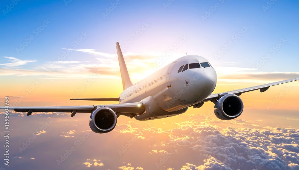 Fototapeta premium Airplane soaring through clouds at sunset