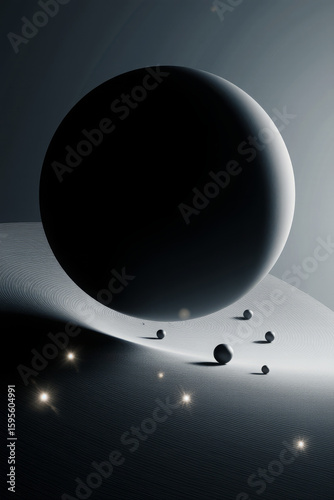 Generative AI Abstract Spheres and Lines Composition Sphere Surface Geometric Shape Black White Gray 3d render Minimalist Modern Background Texture Pattern Space Planet