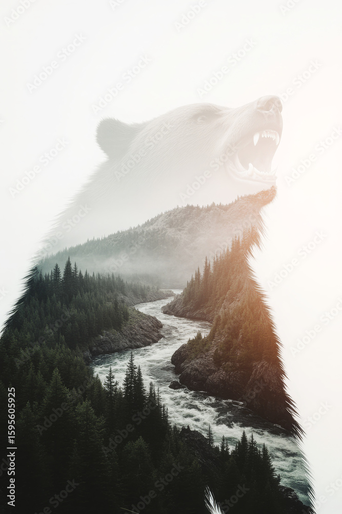 Naklejka premium Generative AI Bear and River Double Exposure Forest Double exposure Nature Wildlife Landscape Trees Fog Mountains Water Animal Grizzly bear Wilderness Outdoors Strength - High Quality