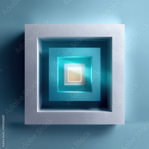 A minimalist abstract image featuring nested square frames with varying textures and shades of blue, creating a sense of depth and geometric harmony.