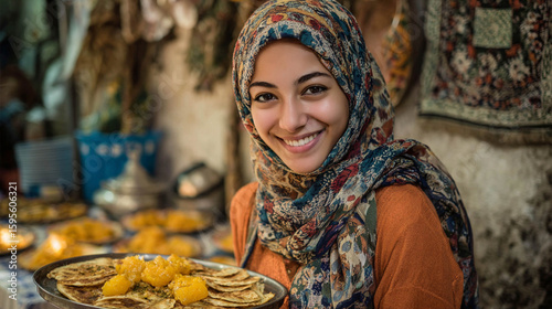 Portrait of a beautiful and smiling young Libyan woman showing a typical Libyan dish to the camera while in Tripoli the capital of Libya