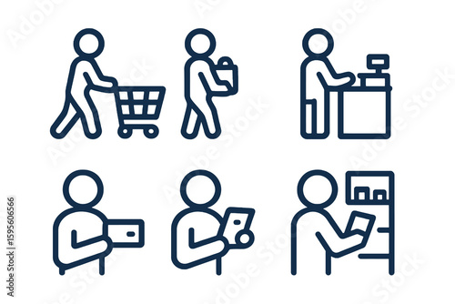 Dark blue shopping icons showing daily buying tasks like pushing cart and paying. Designed for e-commerce apps.