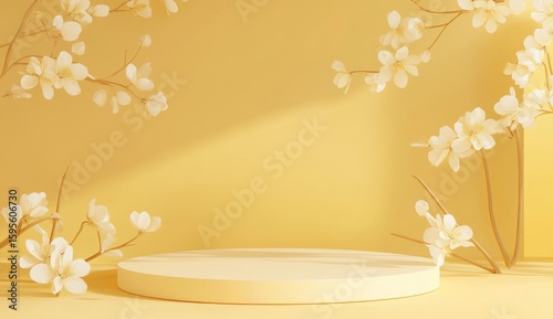 Soft, yellow backdrop with white flowers and a round podium