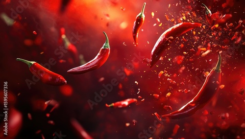 Red chili peppers exploding in a vibrant, fiery display