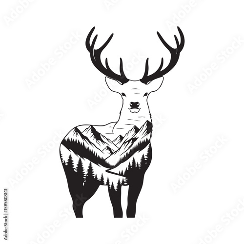 A majestic deer stag with a mountain forest double exposure