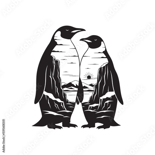 A penguin couple with an arctic sunrise scene between them