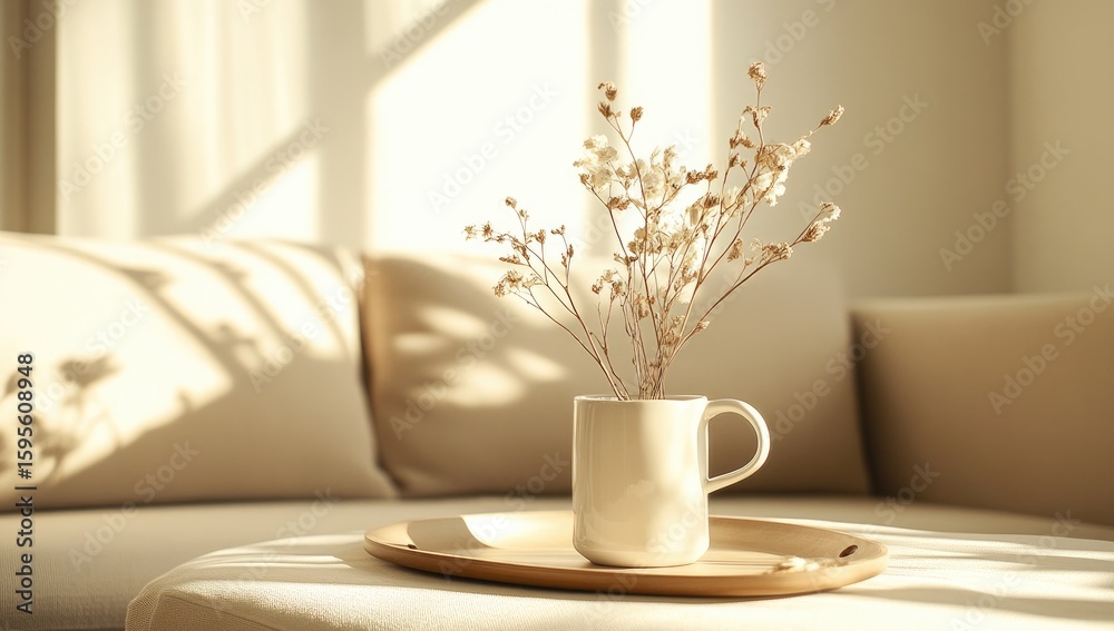 Fototapeta premium Sunlight streams into a room, highlighting a small vase of dried flowers on a tray
