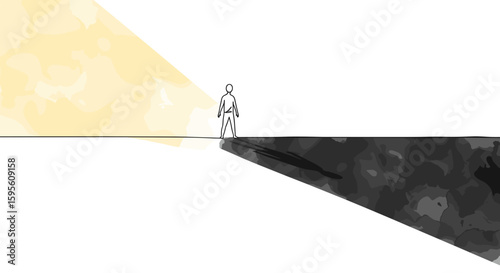 Gestalt psychology figure on edge between light and shadow – symbolizing awareness of contrasts and choices, abstract one line doodle watercolor vector illustration

