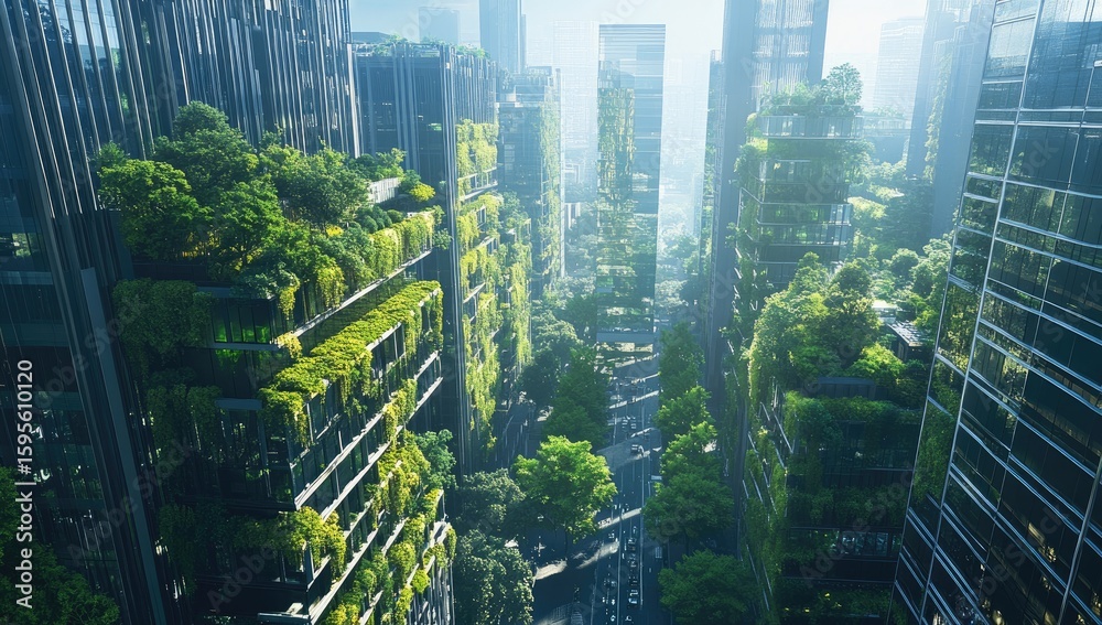 Obraz premium Lush urban cityscape with green-covered buildings