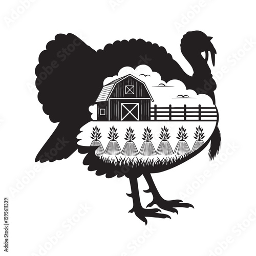 A Thanksgiving turkey with a farm scene of a barn and crops