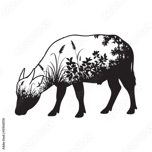 A grazing wild pig or warthog with a savanna grass design