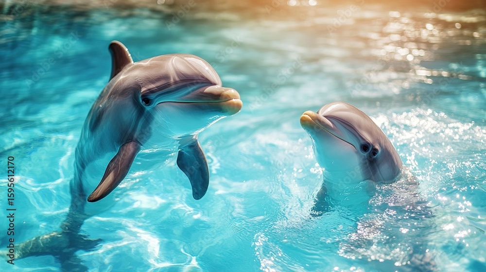 Obraz premium Two playful dolphins swim and leap gracefully in clear, sunlit turquoise water, showcasing their smooth skin and joyful expressions.
