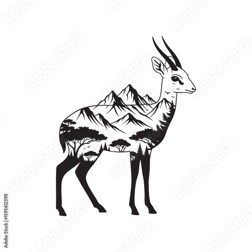 A gazelle or springbok with an African mountain savanna scene