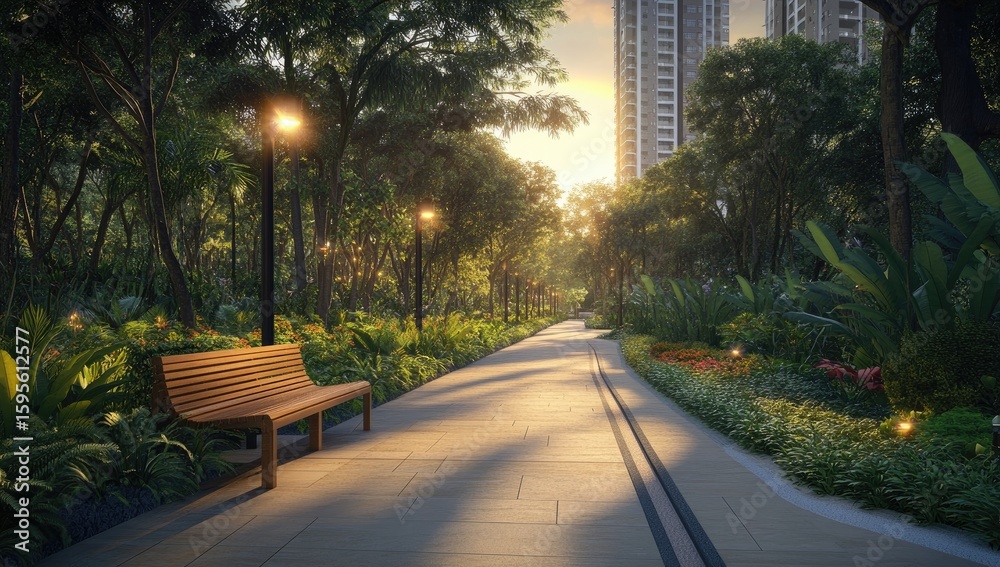 Fototapeta premium Lush park pathway at sunrise. Sunlight streams down a paved path lined with lush greenery, trees, and a park bench. Modern apartment building in background