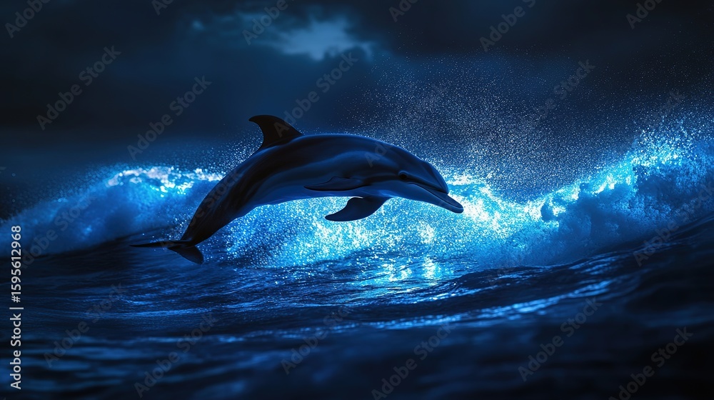 Naklejka premium A dolphin leaps gracefully above glowing blue waves under a dark, moody sky at night.