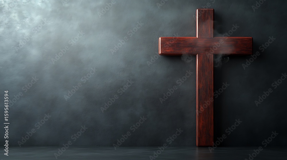 Naklejka premium Dark wooden cross against a textured wall.
