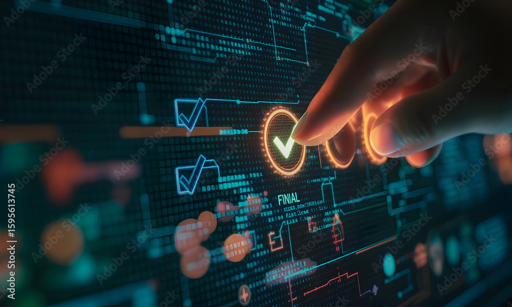Fototapeta premium Hand touching digital check mark interface