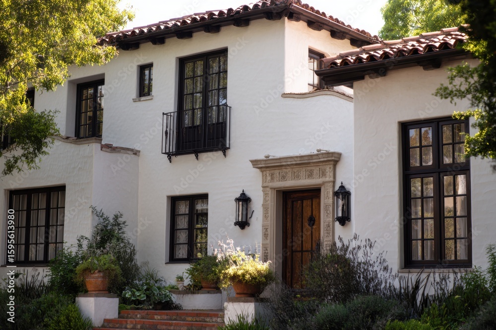 Fototapeta premium Nestled in a serene neighborhood, this stunning Spanish-style home boasts elegant architectural details and a vibrant, lush garden, perfect for enjoying on a sunny afternoon