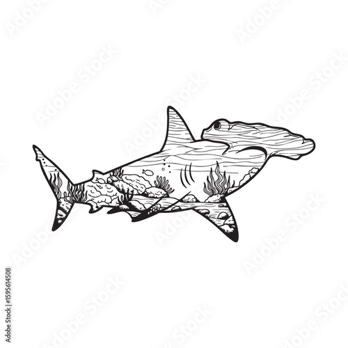 A hammerhead shark with an ocean coral reef vector design