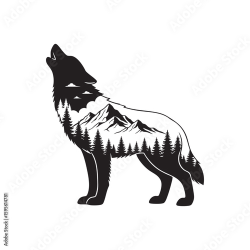 A wolf howling in a double exposure of mountains and forest