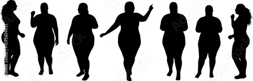 Fat woman vector silhouette on a white background. Fat girl in different poses.
