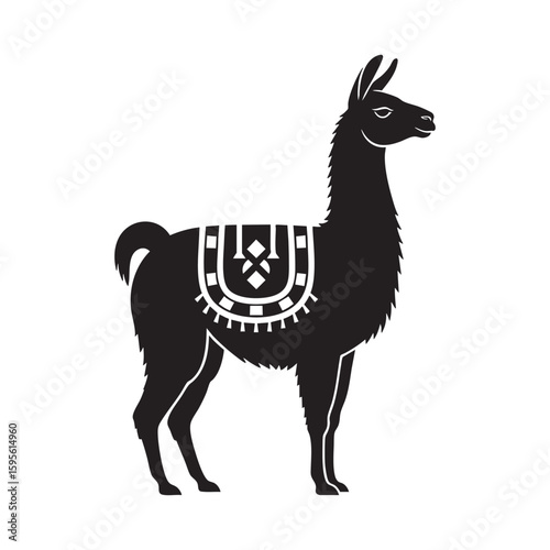 A peruvian llama or alpaca with a decorative Andes saddle