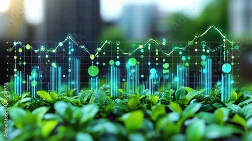 Overlayed financial charts on a backdrop of lush greenery.