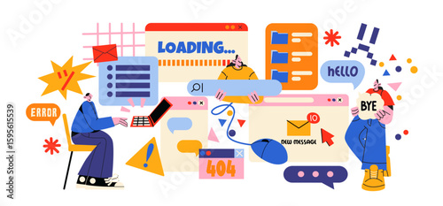 Cartoon characters with internet search bar and digital icons in memphis style. Surfing the Internet, website, online company. Search panel in the browser. Vector illustration