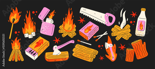 Set of fire and camping icons in retro style. Torch, matches, lighter, logs, saw, axe, wood and flames. Survival and outdoor adventure elements for hiking, forest trip and campfire.Vector illustration