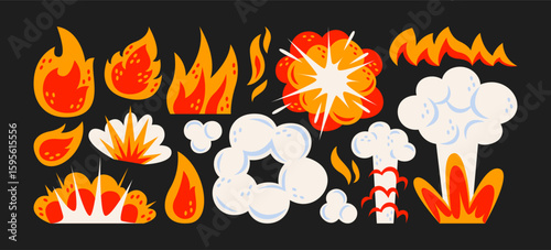 Set of fire and explosion icons in retro. Flames, blasts, smoke clouds, sparks and burning elements. Cartoon collection of dynamic effects for comics, games, action design. Vector illustrations