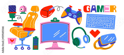 Set of gamer stickers in retro style. Gaming chair, monitor, keyboard, mouse, controller, VR headset, microphone and headphones. Collection of e-sport equipment and digital devices for video games.