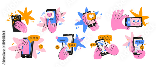Set of online chat icons and mobile messaging. Smartphones in hands, speech bubbles, emoji, typing symbols and reactions. Modern messengers and interface buttons for digital communication. Vector icon