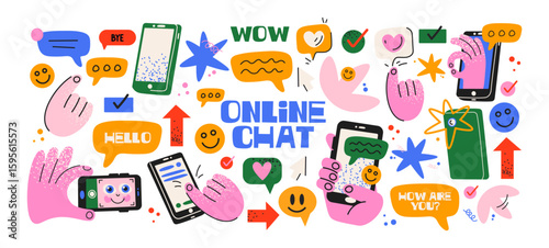 Online chat stickers in cartoon Memphis style. Digital elements: speech bubbles, smartphones, emoji. Hands with phones, buttons, notifications, communication icons. Web pc pages in old computer style
