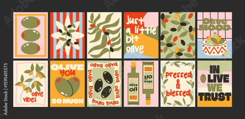 Set olive posters for the kitchen. Bottles of oil, leaves and Mediterranean food. Graphic postcards with culinary vibes, healthy food and kitchen decoration. Isolated vector wall decor illustrations.