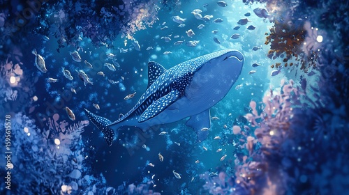 Fototapeta Naklejka Na Ścianę i Meble -  A majestic whale shark swims peacefully through a vibrant coral reef teeming with colorful fish and marine life.