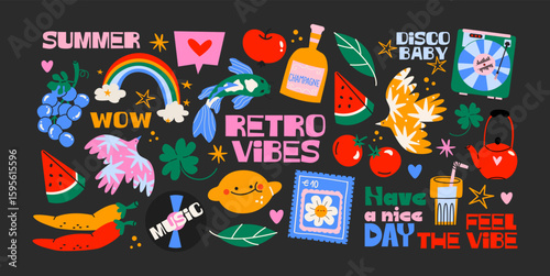 Retro hippie stickers 90s. Cartoon bright psychedelic elements, funky shapes, animals,fruits, vintage. Trendy doodle labels, patches, stamps	