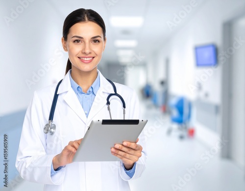 Female doctor holding modern tablet on white background for patient's health record in hospital office or clinic room