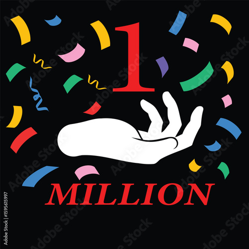 1 Million Celebration Illustration – Bold Red Text with Confetti and Uplifted Hand on Dark Background
