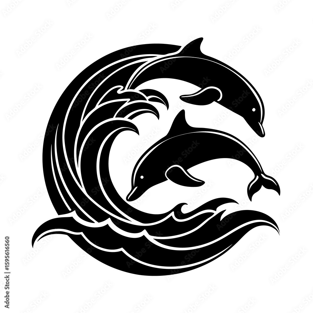 Obraz premium Wave With Dolphins Leaping Vector