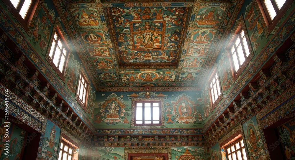 Obraz premium A vibrant interior of a temple, featuring intricate murals and sunlight streaming through windows