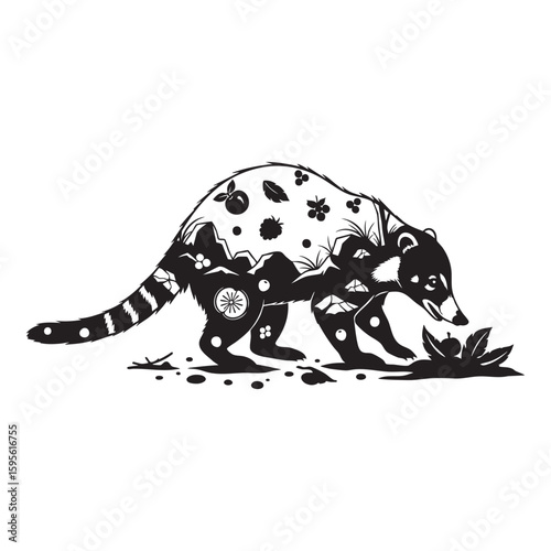 A coati foraging for berries with a mountain range inside