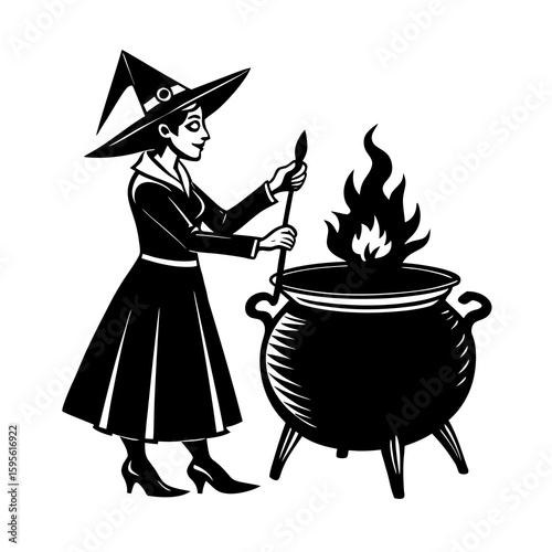Witch Stirring Potion In Cauldron Vector