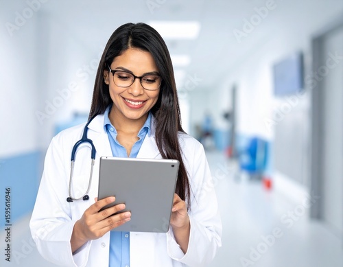 Female doctor holding modern tablet on white background for patient's health record in hospital office or clinic room