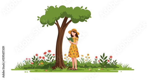 Woman Reading Under Tree in Summer Garden Floral Dress Illustration.