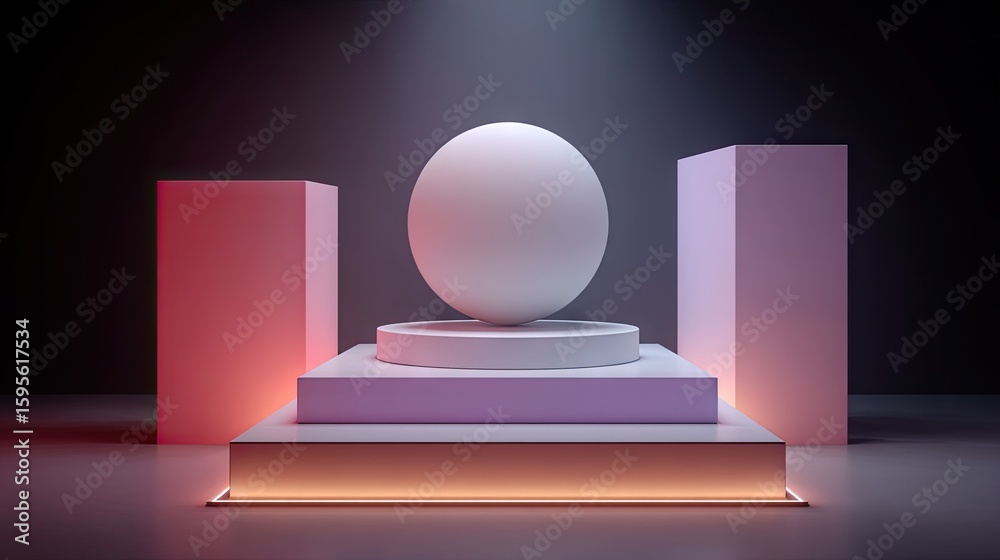 Fototapeta premium Geometric display podiums with neon lighting.