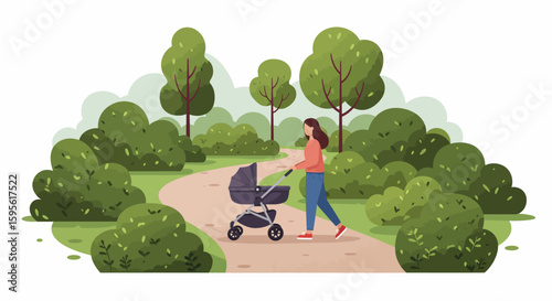 Mother Strolling with Baby Stroller in Park Vector Illustration Flat Design.
