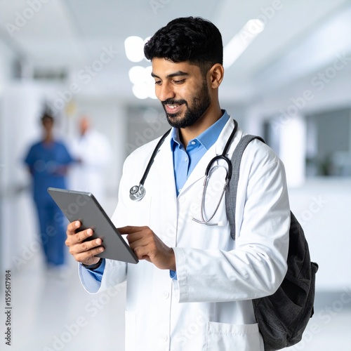 Male doctor holding modern tablet on white background for patient's health record in hospital office or clinic room